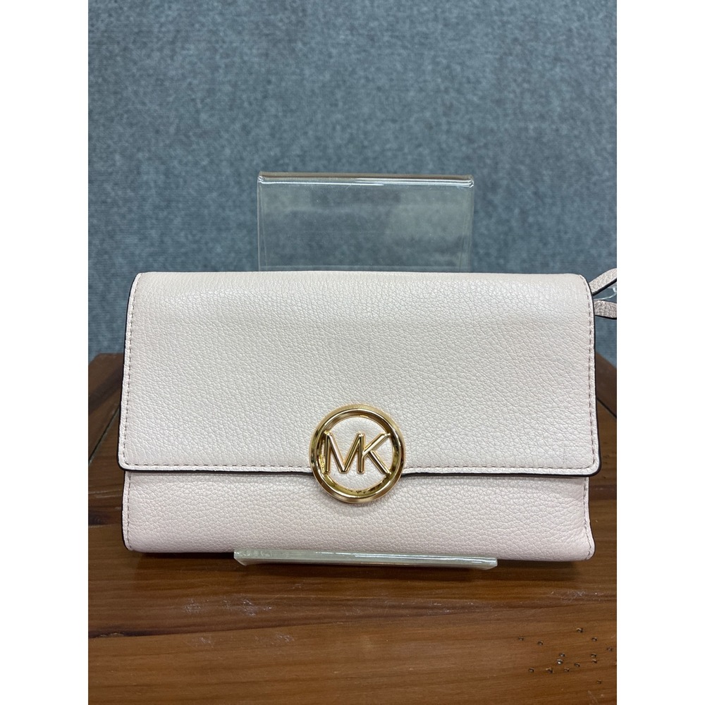 Michael Kors Fulton Flap Continental Wallet Pale Pink Pebbled Leather Gold Logo